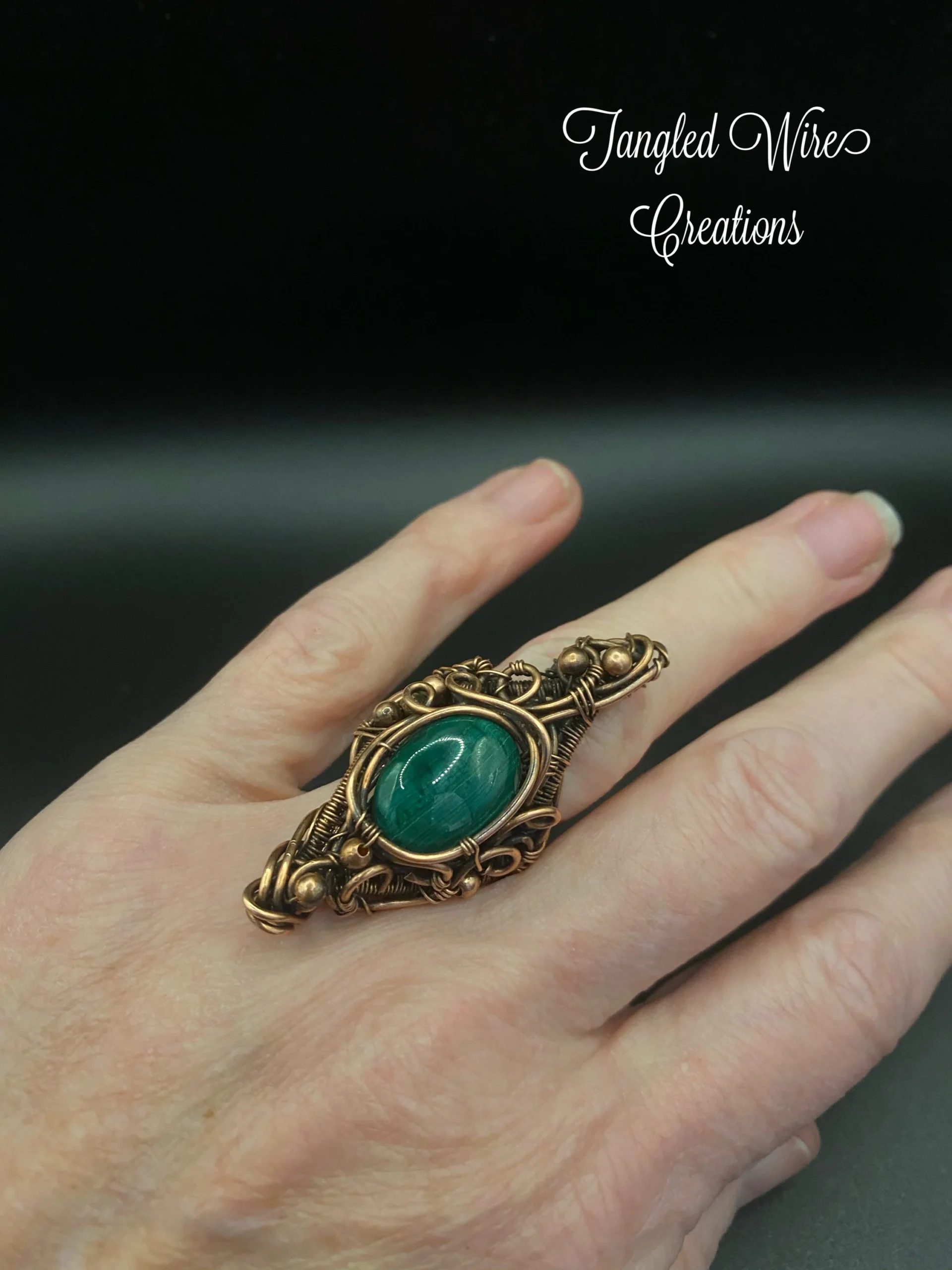 Copper and Green Malachite Wire Woven Ring - Image 9
