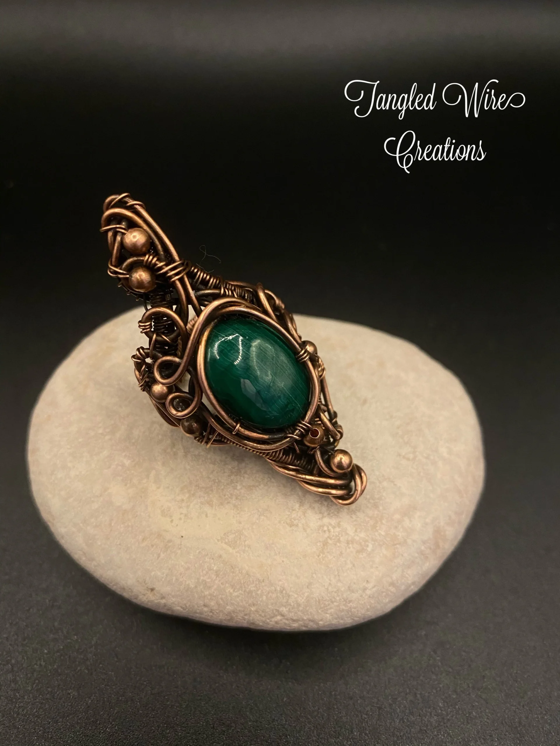 Copper and Green Malachite Wire Woven Ring - Image 10