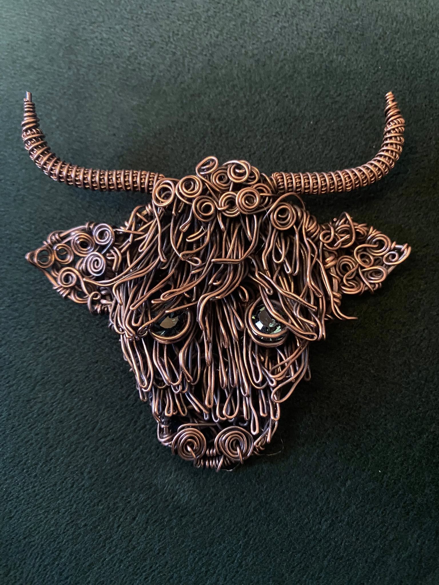 Handmade Copper Highland Cow Brooch – Woven Copper with Swarovski Crystal Eyes - Image 2