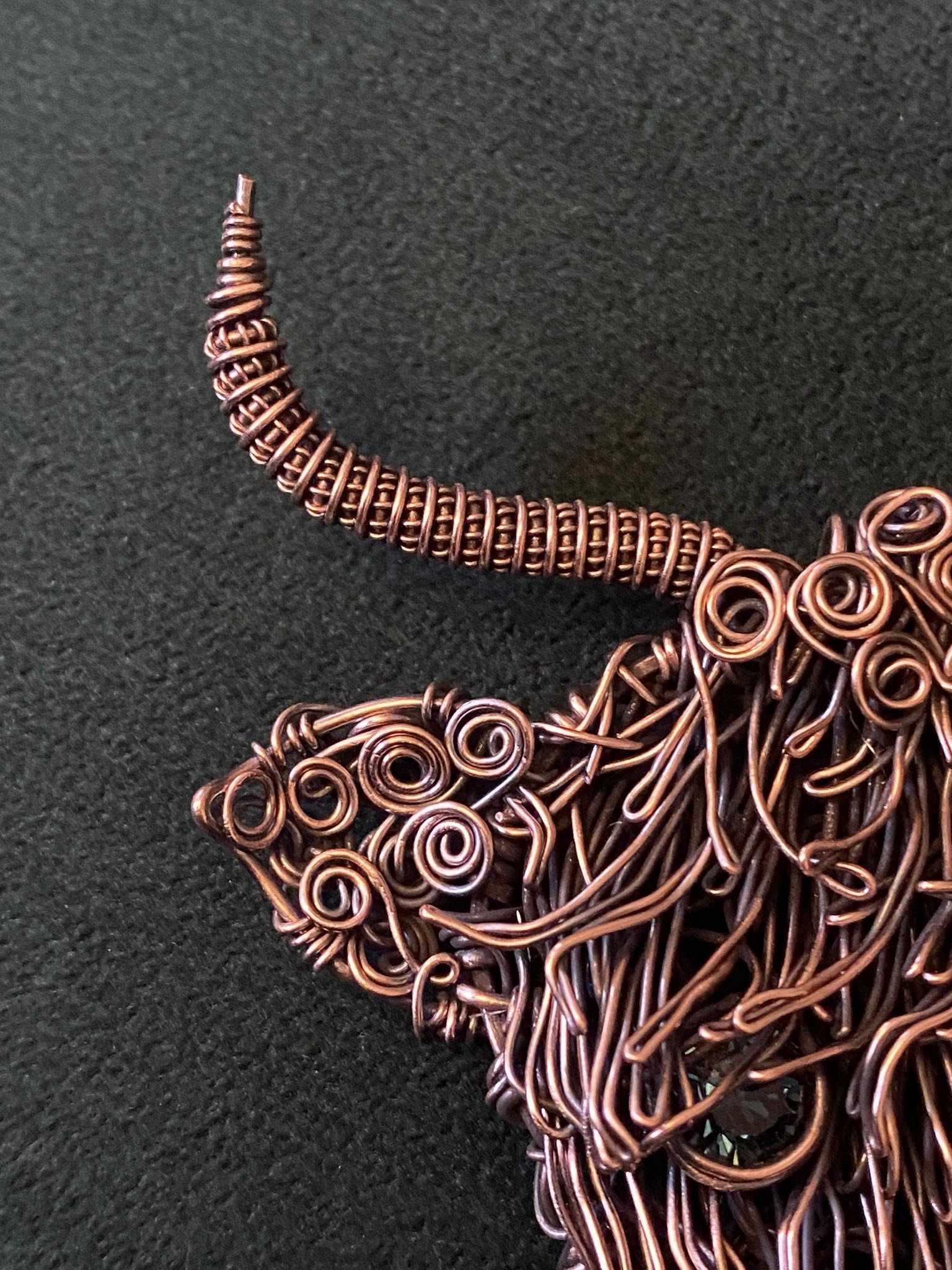 Handmade Copper Highland Cow Brooch – Woven Copper with Swarovski Crystal Eyes - Image 3