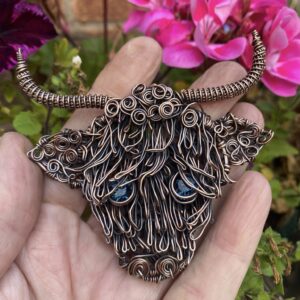 Handmade Copper Highland Cow Brooch – Woven Copper with Swarovski Crystal Eyes