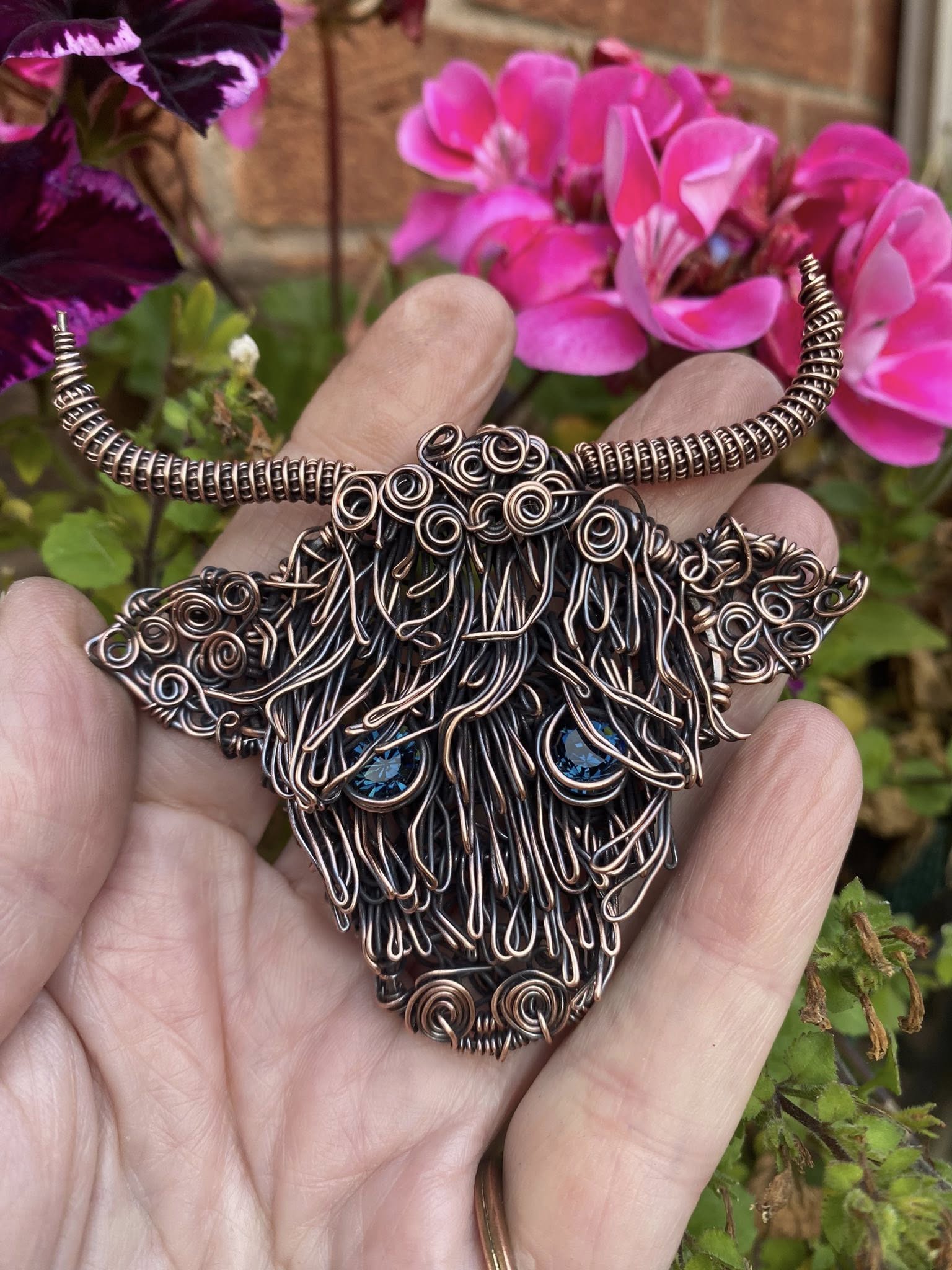 Handmade Copper Highland Cow Brooch – Woven Copper with Swarovski Crystal Eyes