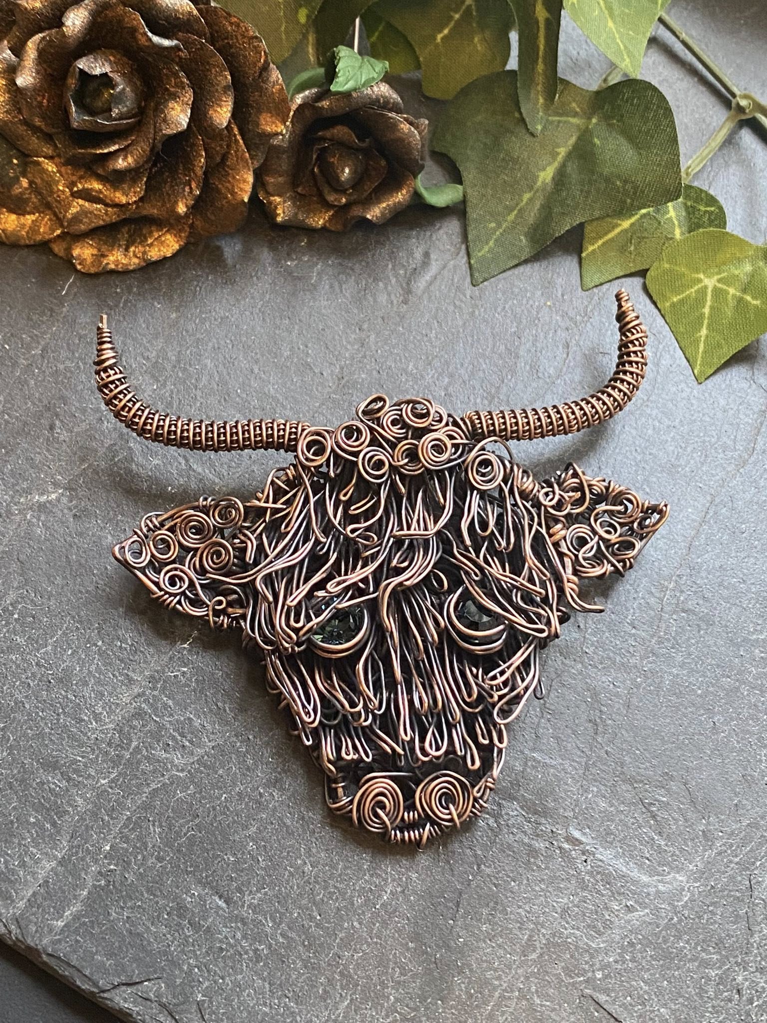 Handmade Copper Highland Cow Brooch – Woven Copper with Swarovski Crystal Eyes - Image 8