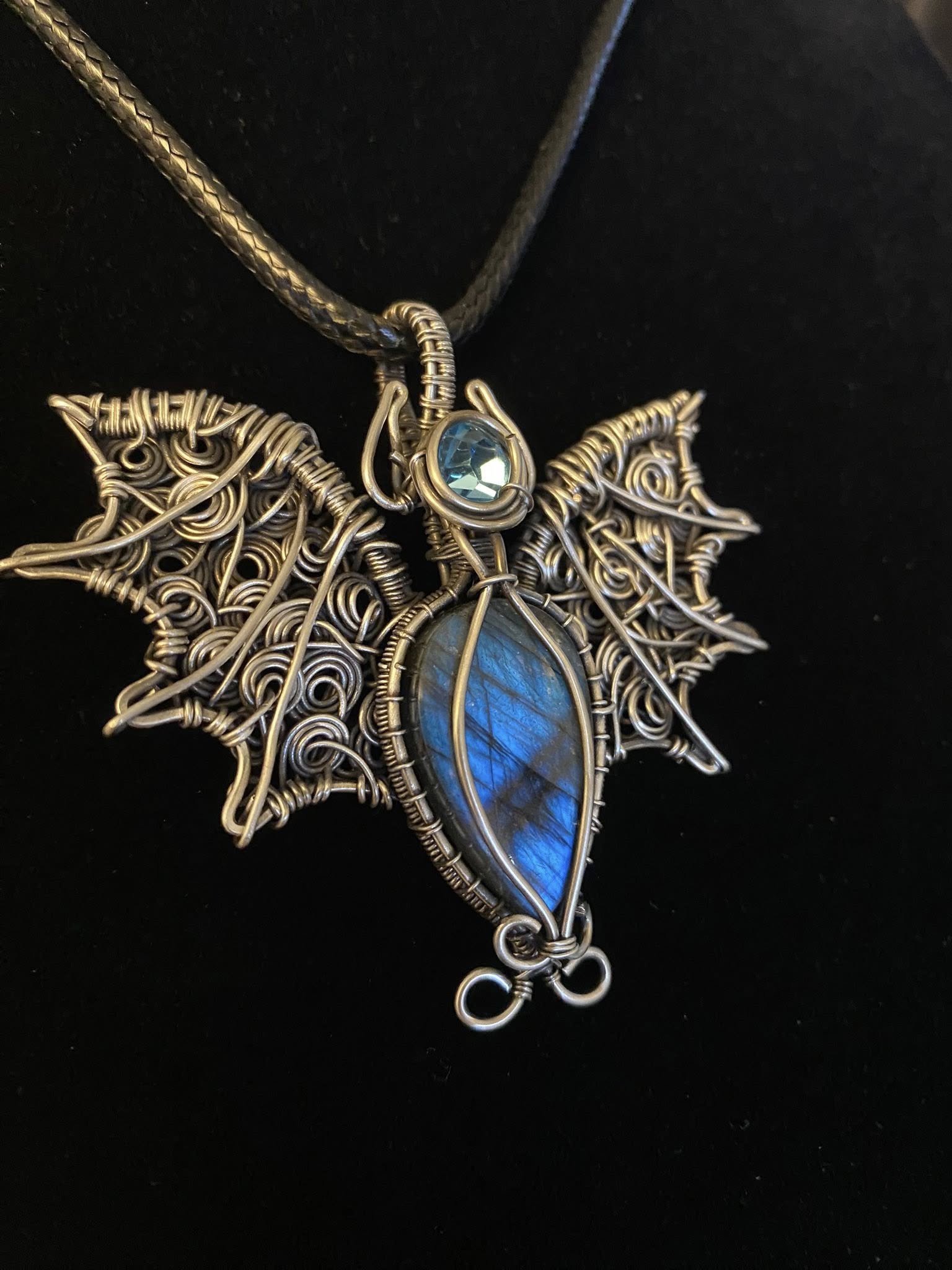 Labradorite Bat Pendant | Silver Wire Wrapped Halloween Necklace with Austrian Crystal - Image 2