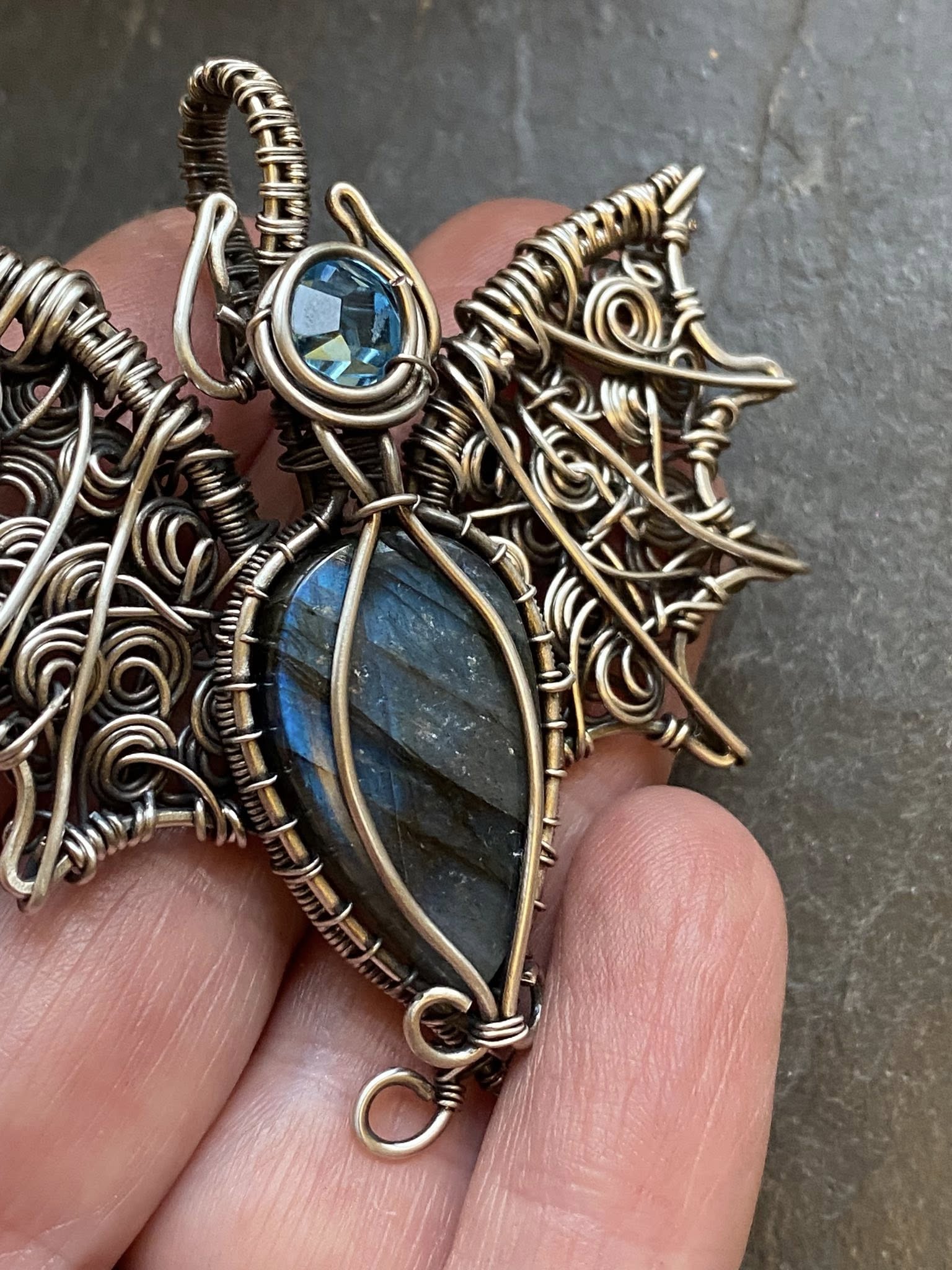 Labradorite Bat Pendant | Silver Wire Wrapped Halloween Necklace with Austrian Crystal - Image 3
