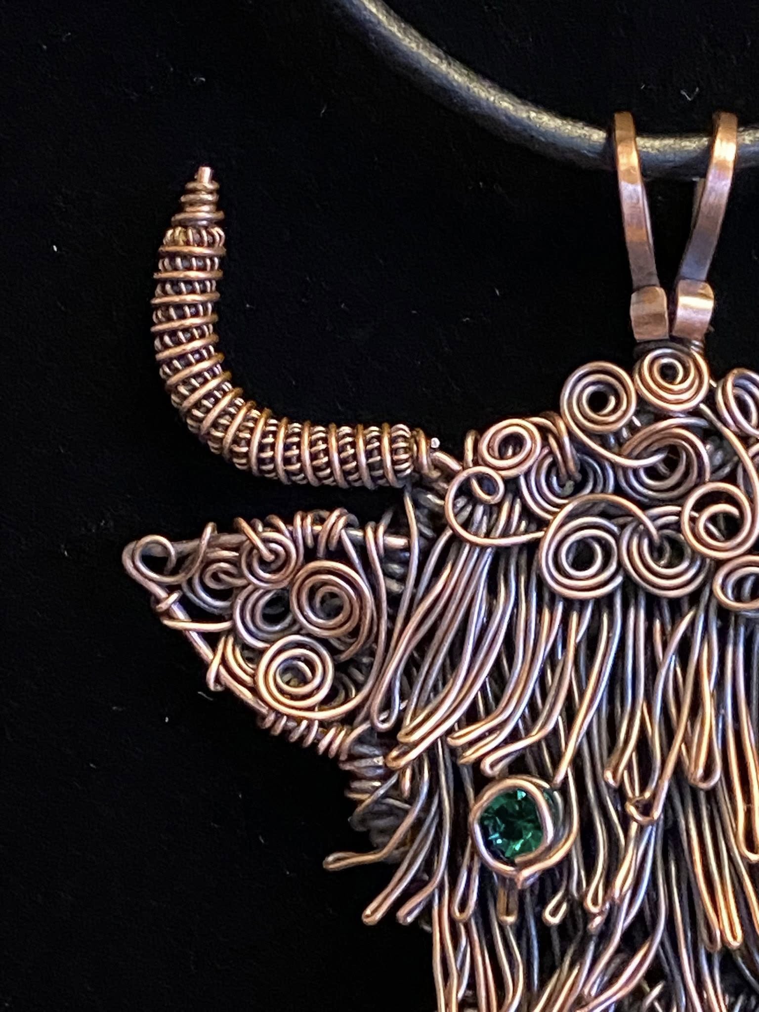Handmade Copper Highland Cow Pendant – Wire Woven with Swarovski Crystal Eyes - Image 2
