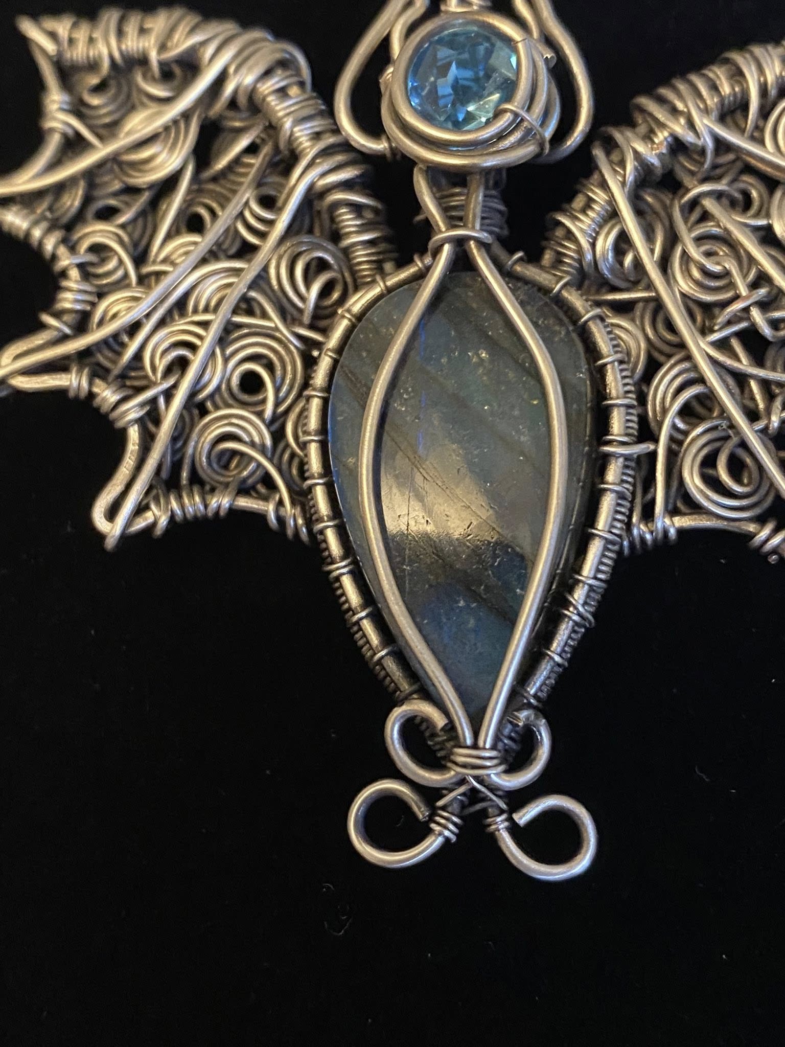 Labradorite Bat Pendant | Silver Wire Wrapped Halloween Necklace with Austrian Crystal - Image 4