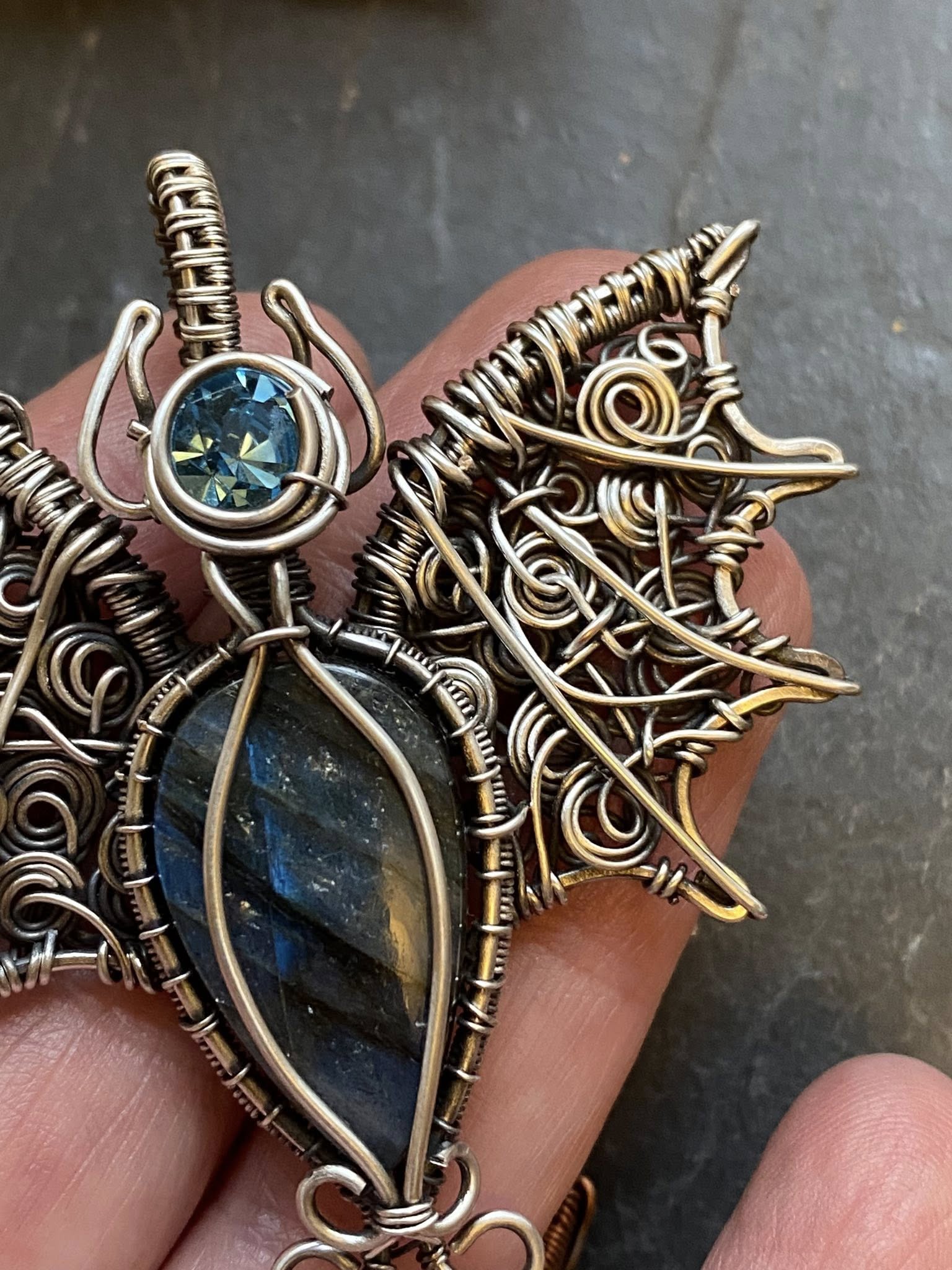 Labradorite Bat Pendant | Silver Wire Wrapped Halloween Necklace with Austrian Crystal - Image 5