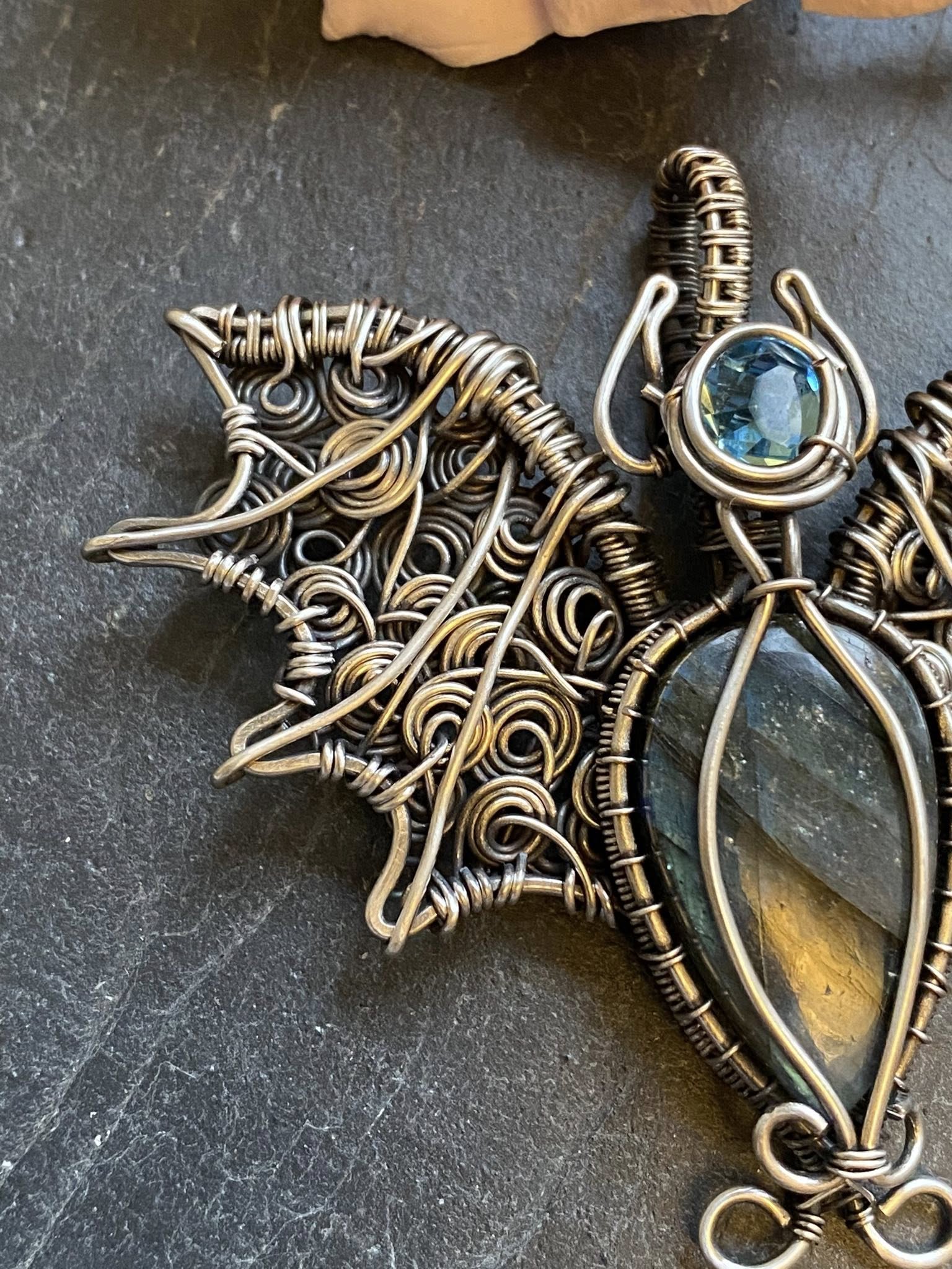 Labradorite Bat Pendant | Silver Wire Wrapped Halloween Necklace with Austrian Crystal - Image 6