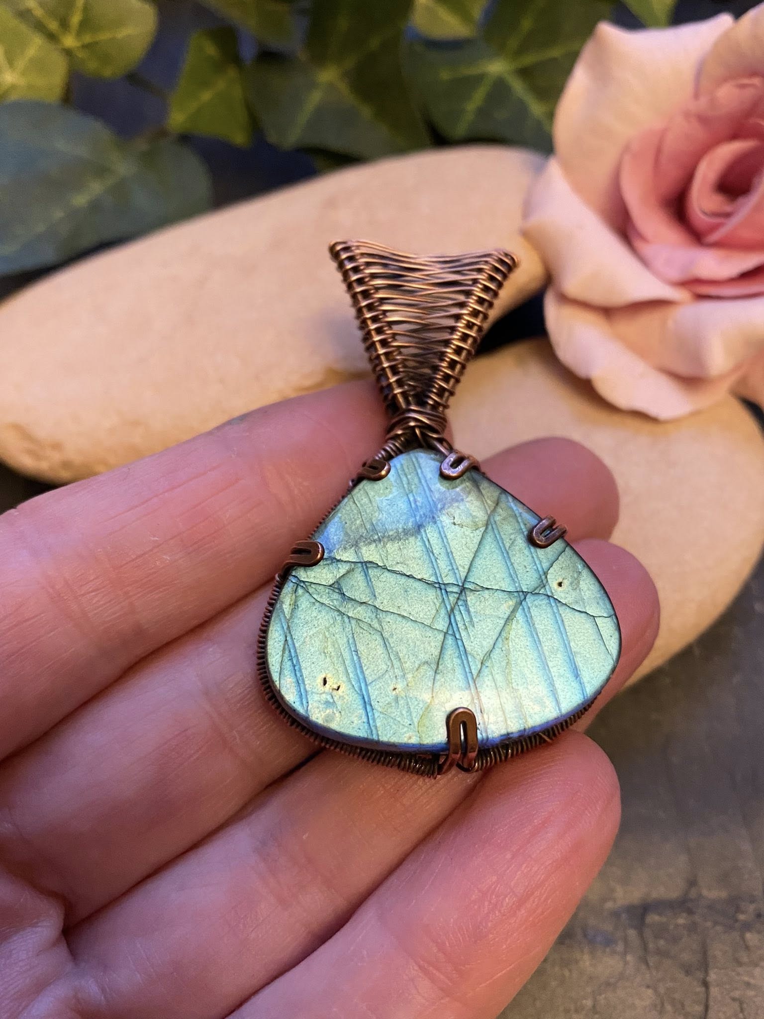Tear Drop Labradorite Pendant – Wire Wrapped Copper Jewelry with Blue Flash