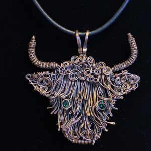 Handmade Copper Highland Cow Pendant – Wire Woven with Swarovski Crystal Eyes