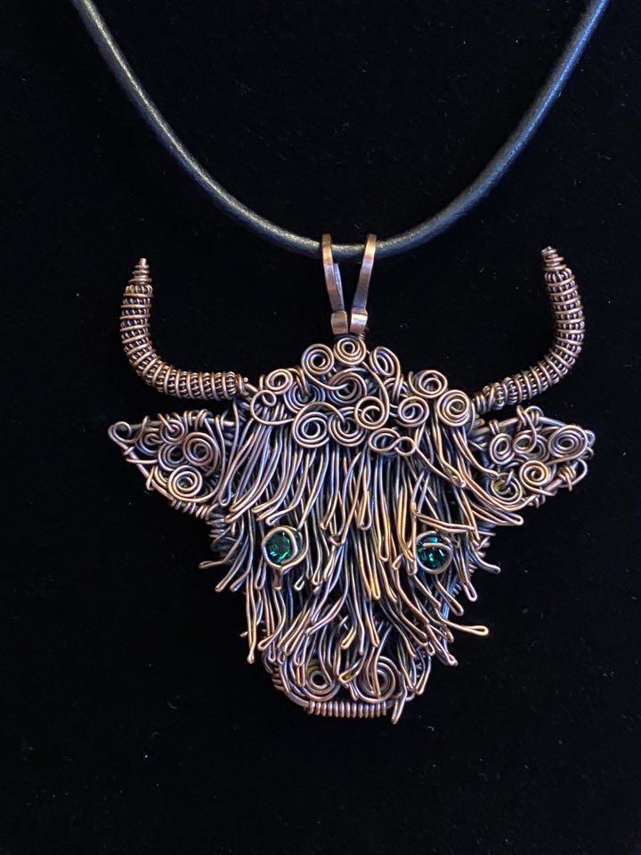 Handmade Copper Highland Cow Pendant – Wire Woven with Swarovski Crystal Eyes