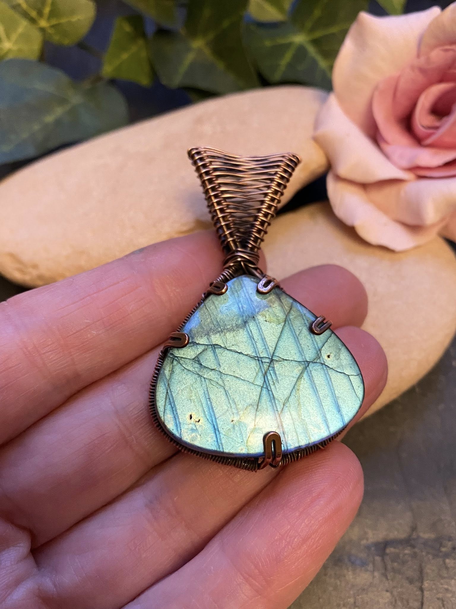 Tear Drop Labradorite Pendant – Wire Wrapped Copper Jewelry with Blue Flash - Image 3