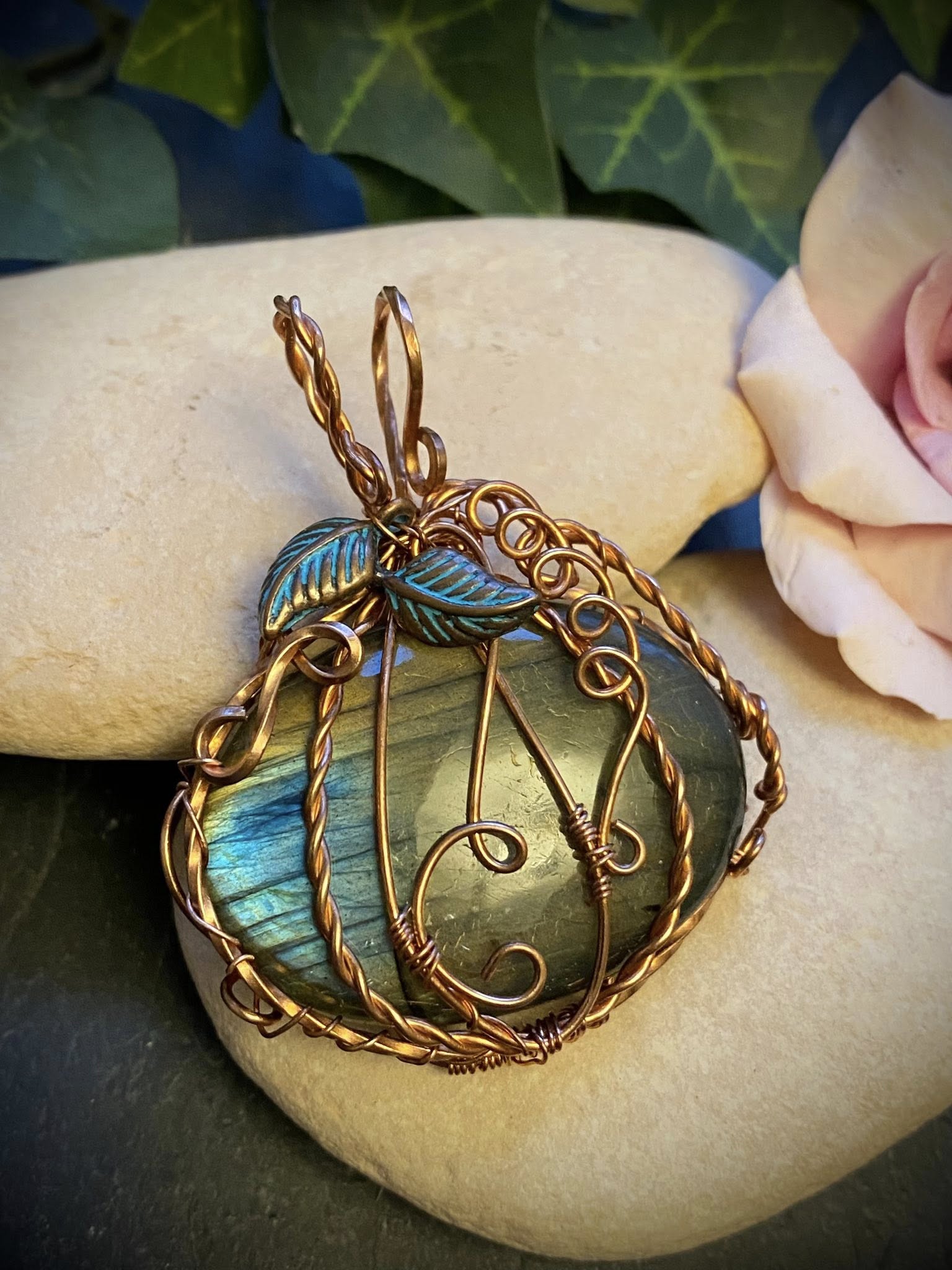 Labradorite Pumpkin Pendant – Handcrafted Copper Wire Jewelry