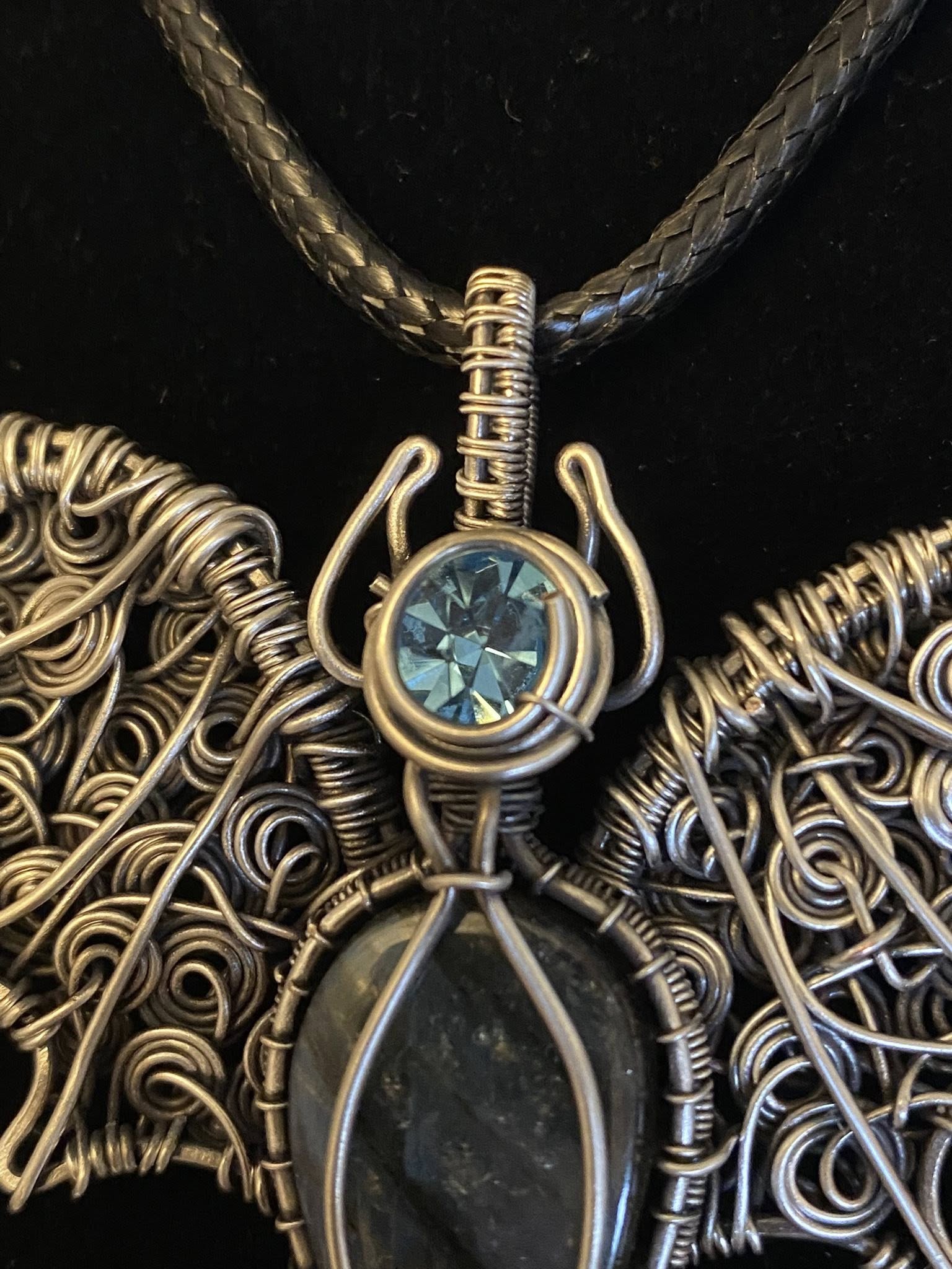 Labradorite Bat Pendant | Silver Wire Wrapped Halloween Necklace with Austrian Crystal - Image 7