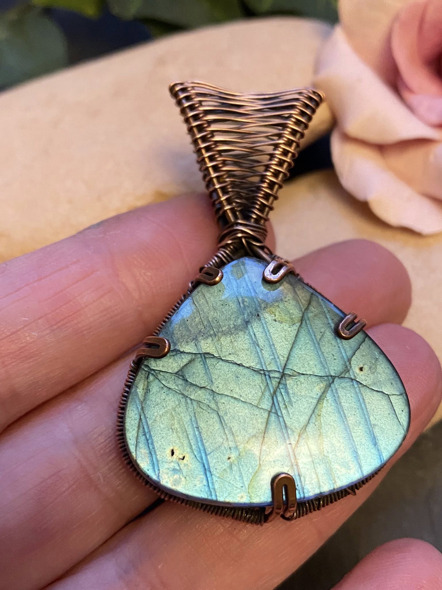 Tear Drop Labradorite Pendant – Wire Wrapped Copper Jewelry with Blue Flash - Image 4