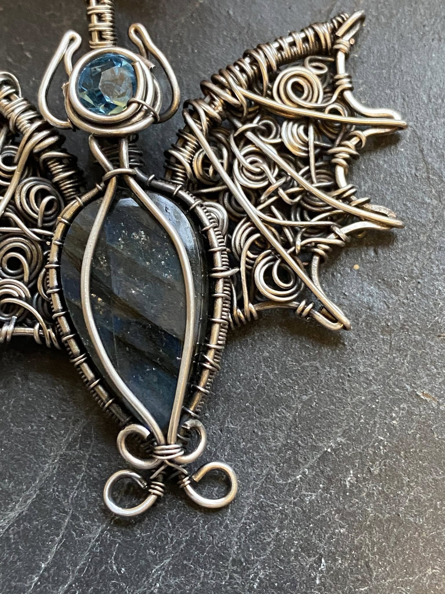 Labradorite Bat Pendant | Silver Wire Wrapped Halloween Necklace with Austrian Crystal - Image 8