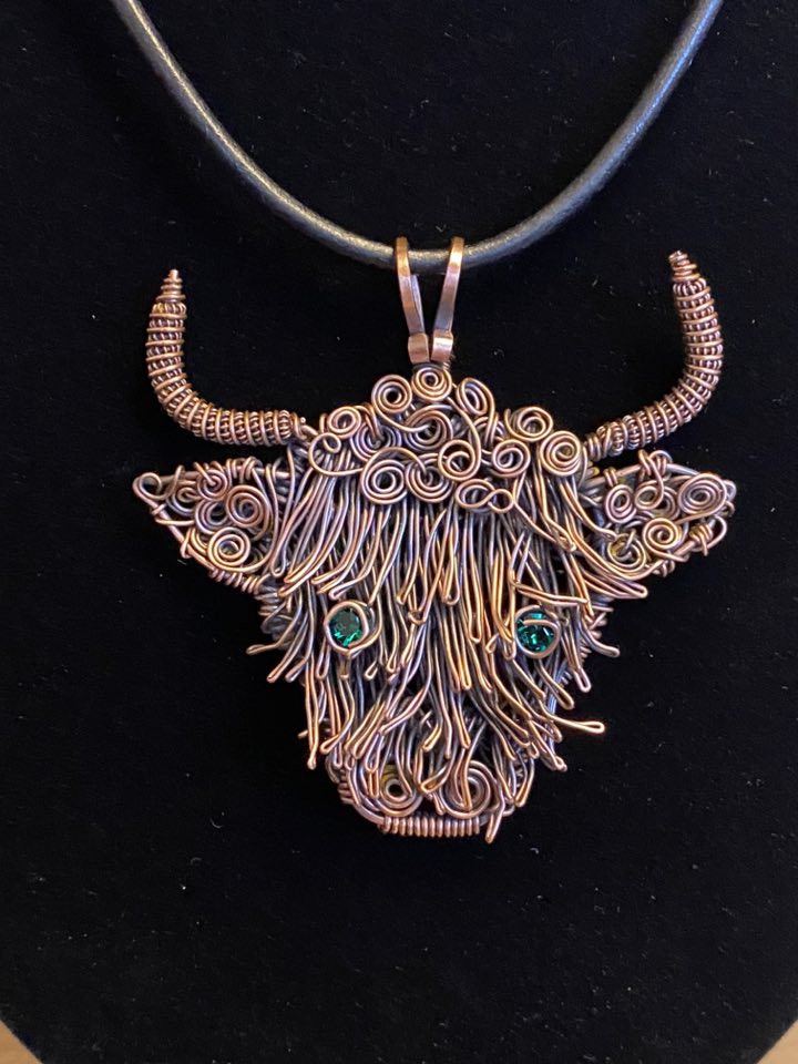 Handmade Copper Highland Cow Pendant – Wire Woven with Swarovski Crystal Eyes - Image 5