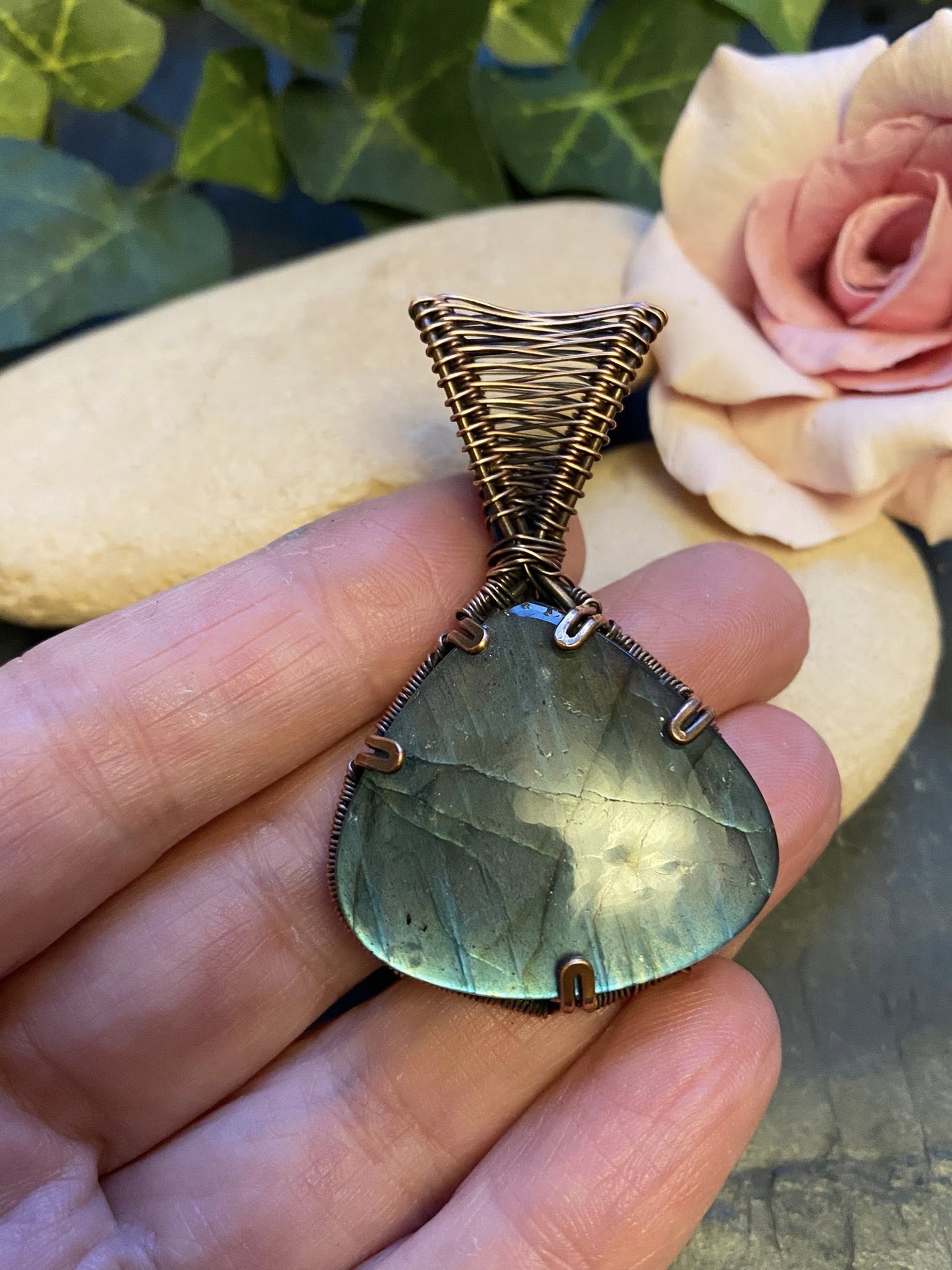 Tear Drop Labradorite Pendant – Wire Wrapped Copper Jewelry with Blue Flash - Image 6