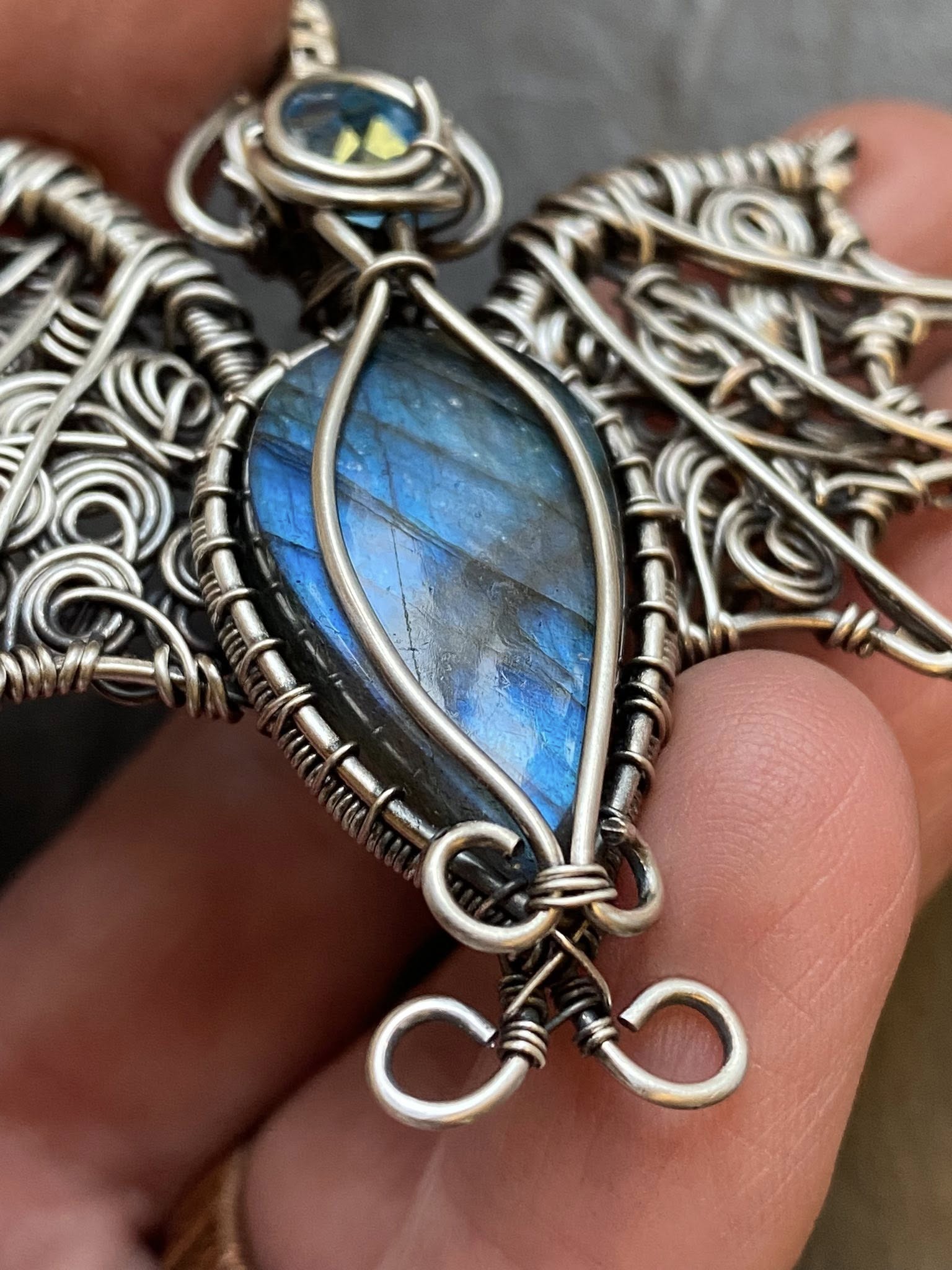 Labradorite Bat Pendant | Silver Wire Wrapped Halloween Necklace with Austrian Crystal - Image 9