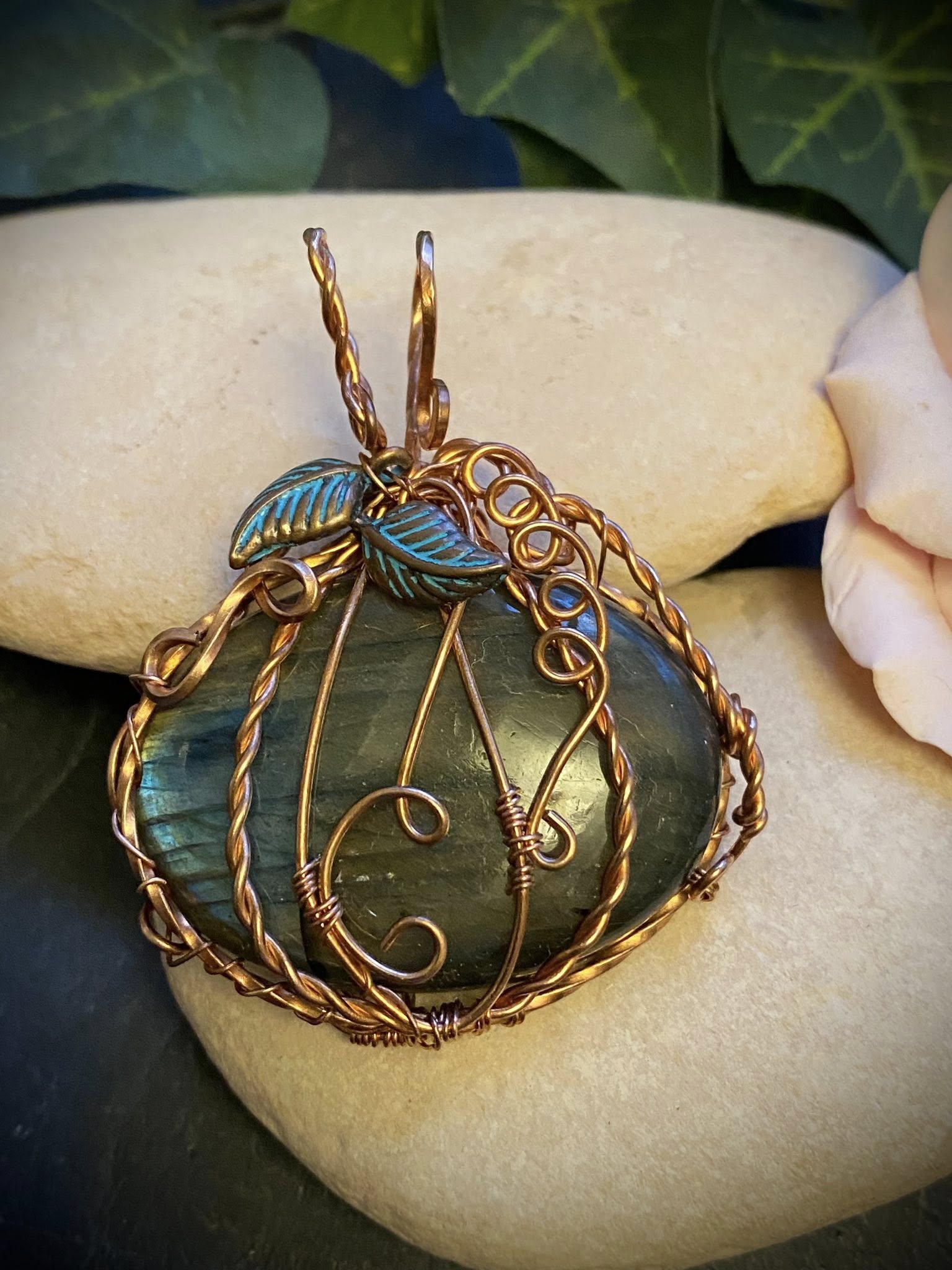 Labradorite Pumpkin Pendant – Handcrafted Copper Wire Jewelry - Image 3