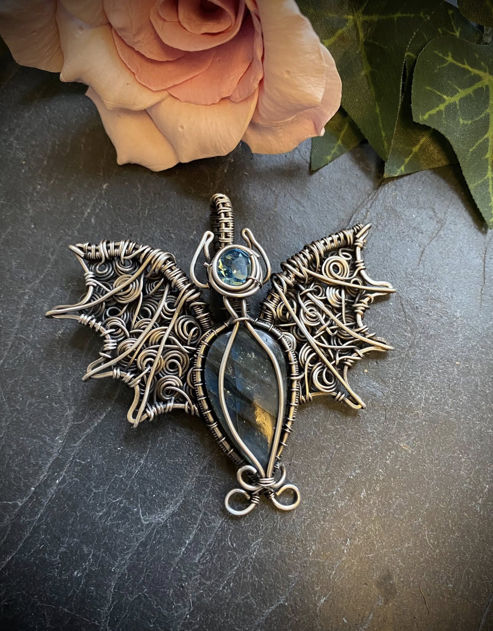 Labradorite Bat Pendant | Silver Wire Wrapped Halloween Necklace with Austrian Crystal - Image 10