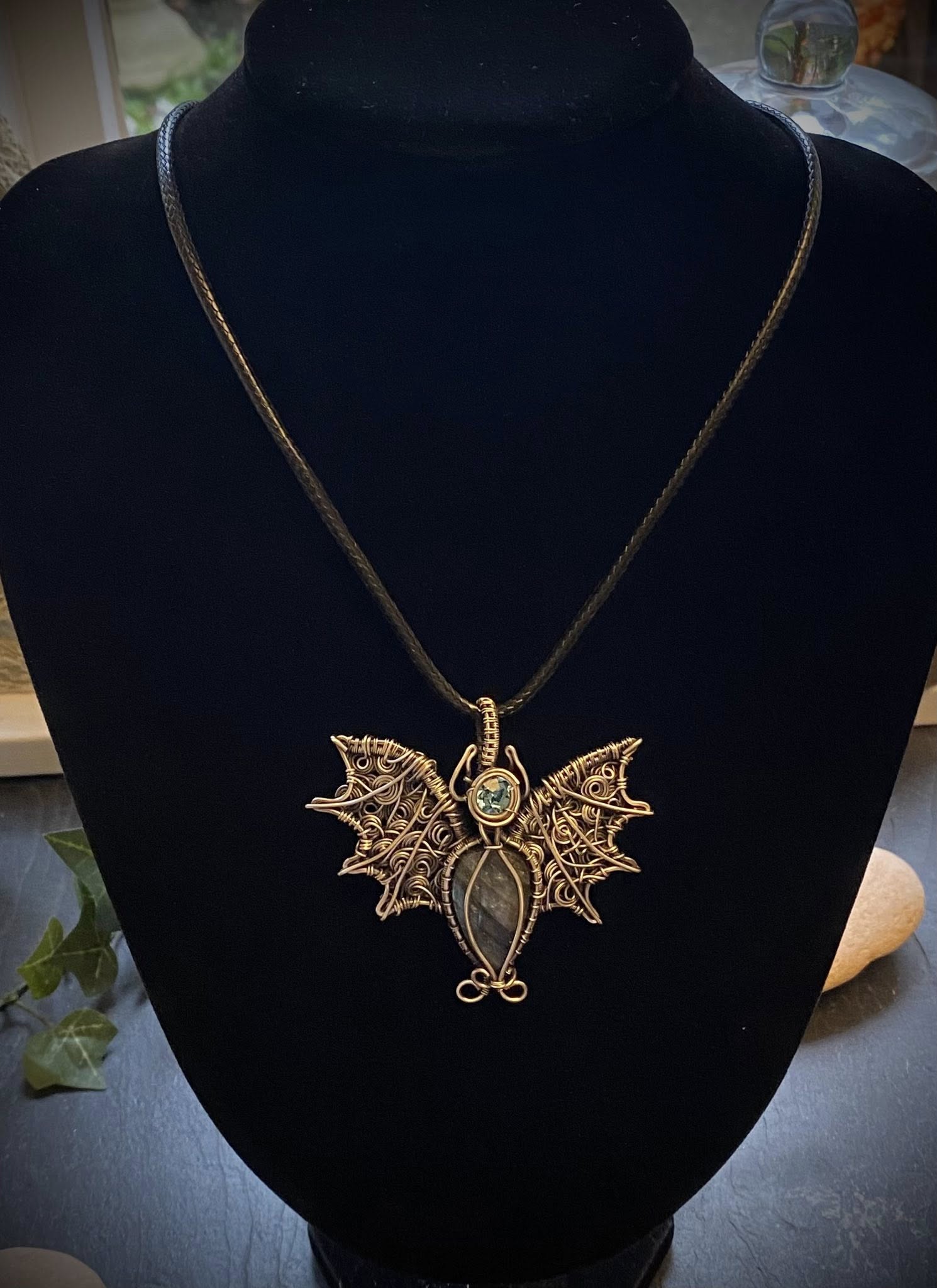 Labradorite Bat Pendant | Silver Wire Wrapped Halloween Necklace with Austrian Crystal - Image 11