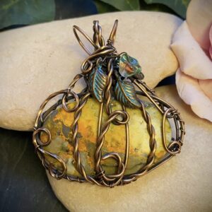 Bumblebee Jasper pendant with copper leaves and Czech glass flower, handmade wire wrapped jewelry