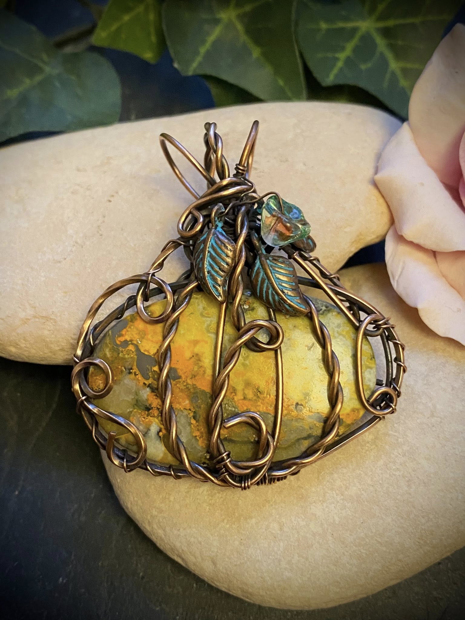 Bumblebee Jasper pendant with copper leaves and Czech glass flower, handmade wire wrapped jewelry