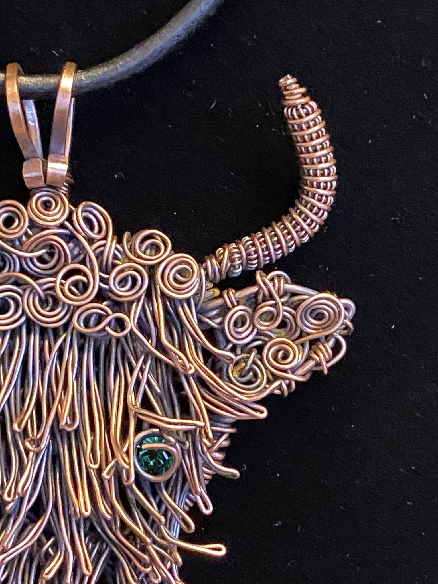 Handmade Copper Highland Cow Pendant – Wire Woven with Swarovski Crystal Eyes - Image 8