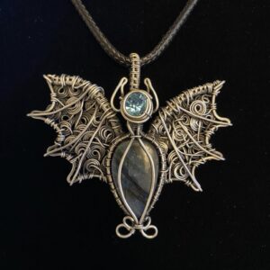 Labradorite Bat Pendant Silver Wire Wrapped Bat Necklace Handmade Halloween Jewelry with Labradorite Gothic Bat Pendant with Austrian Crystal Silver Wire Labradorite Necklace