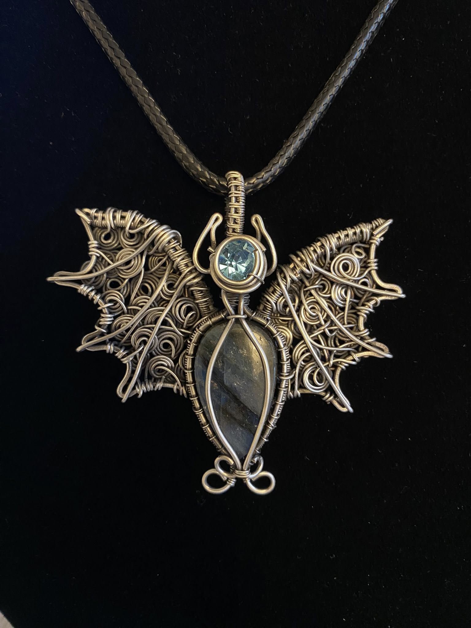 Labradorite Bat Pendant Silver Wire Wrapped Bat Necklace Handmade Halloween Jewelry with Labradorite Gothic Bat Pendant with Austrian Crystal Silver Wire Labradorite Necklace