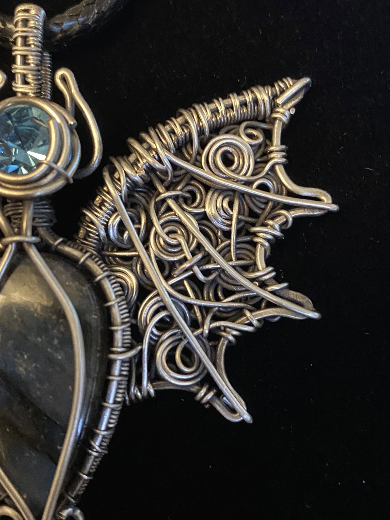 Labradorite Bat Pendant | Silver Wire Wrapped Halloween Necklace with Austrian Crystal - Image 14