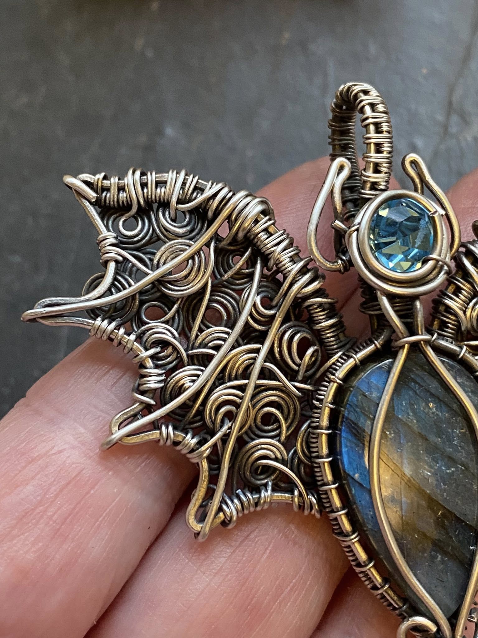 Labradorite Bat Pendant | Silver Wire Wrapped Halloween Necklace with Austrian Crystal - Image 15