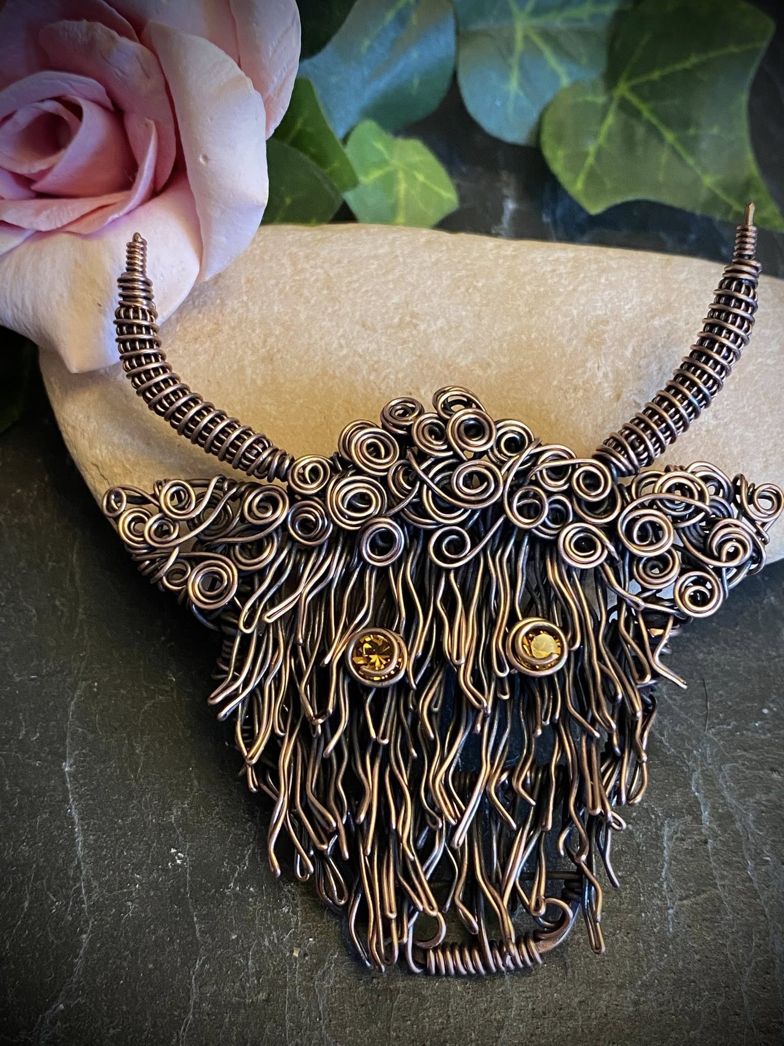 Handmade Copper Highland Cow Pendant – Wire Woven with Swarovski Crystal Eyes - Image 9