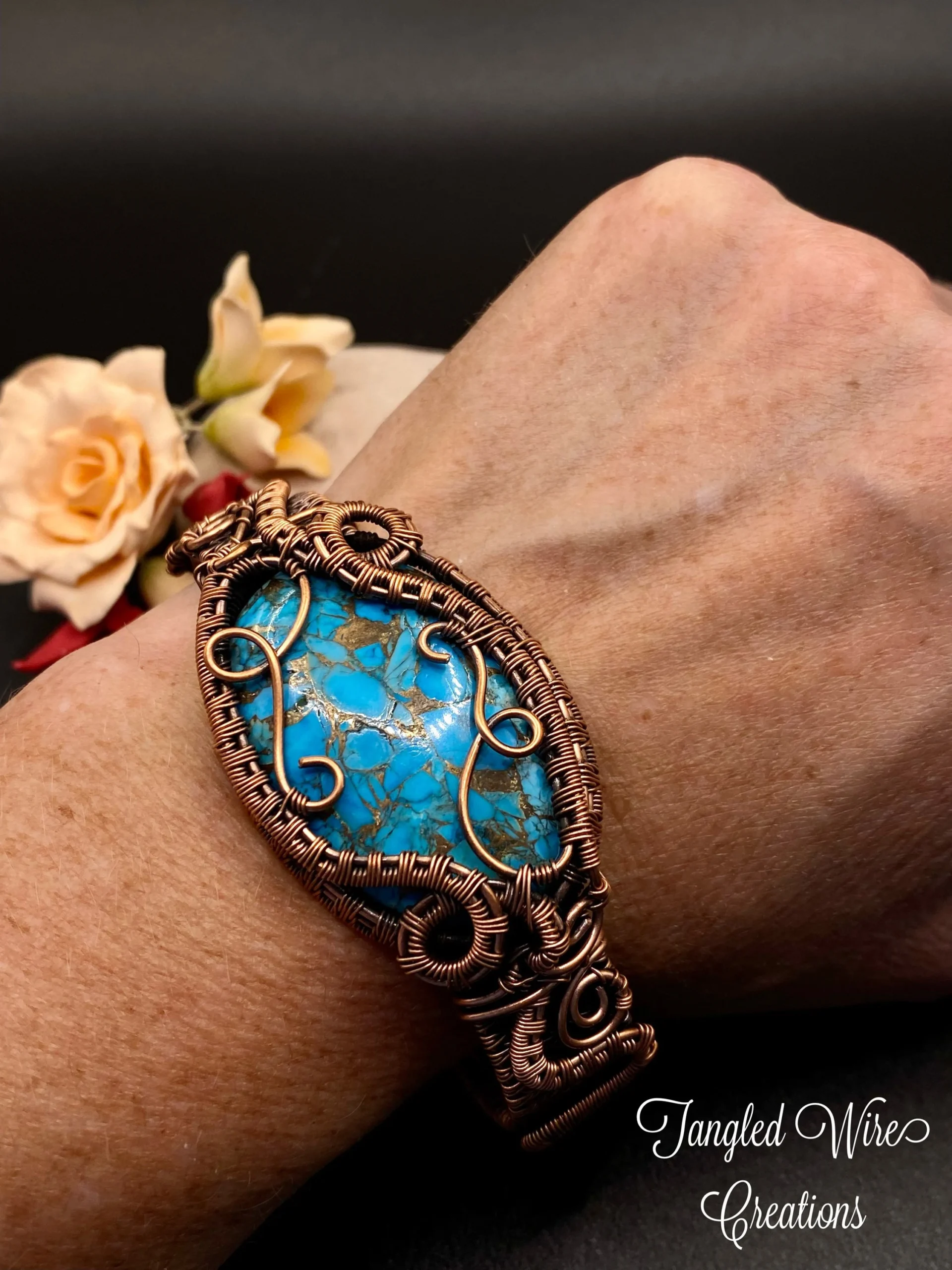 Copper Turquoise Wire Woven Cuff Bracelet