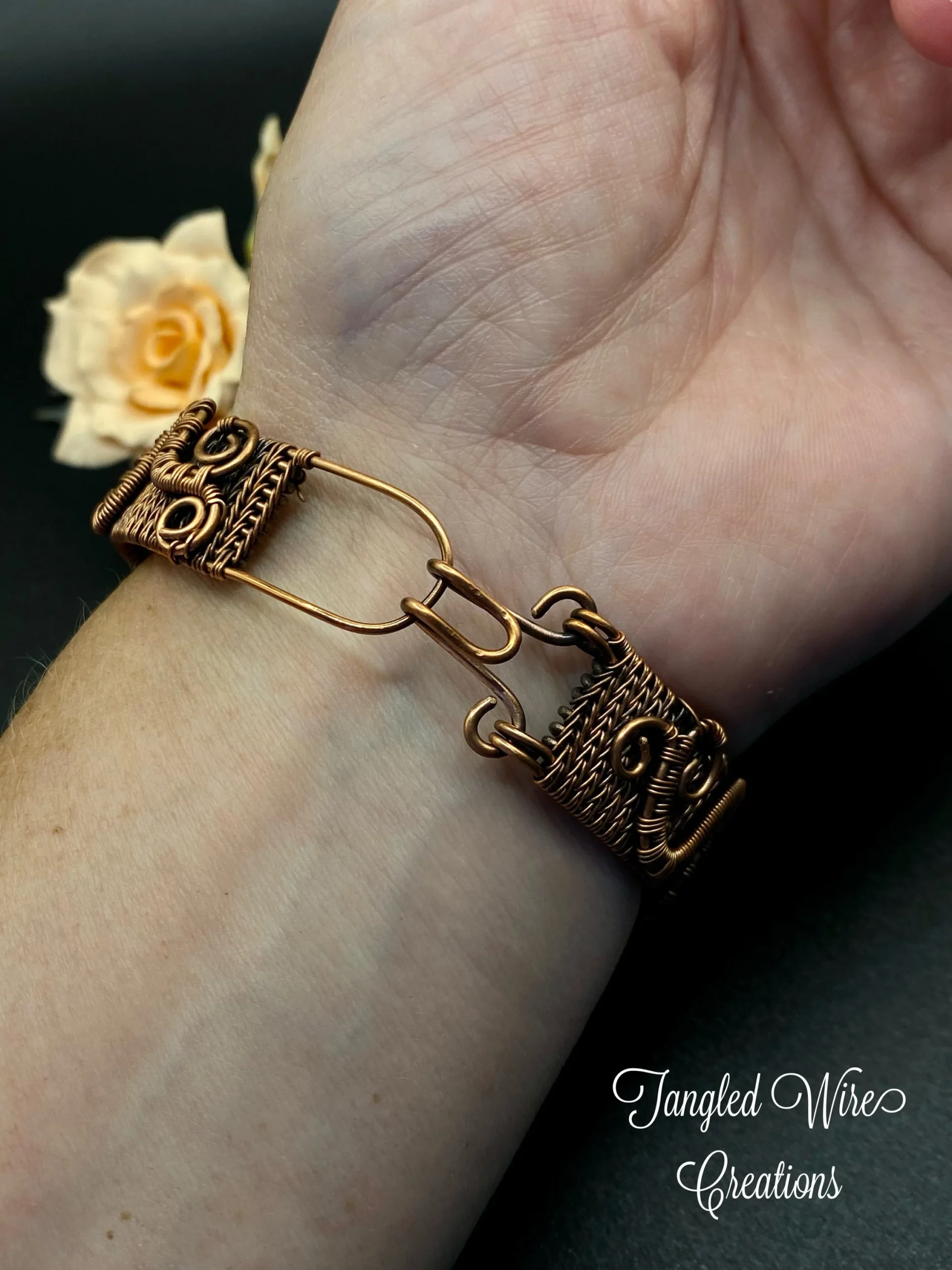 Copper Turquoise Wire Woven Cuff Bracelet - Image 6