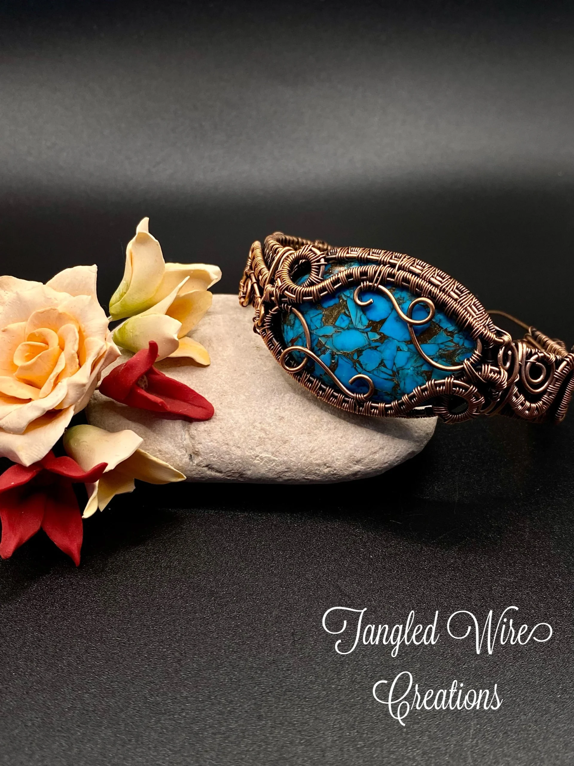 Copper Turquoise Wire Woven Cuff Bracelet - Image 7