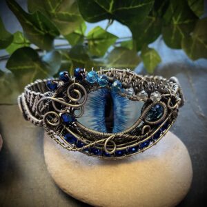 Blue and White Frost Dragon Eye Cuff Bracelet – Silver Filled Wire Jewelry