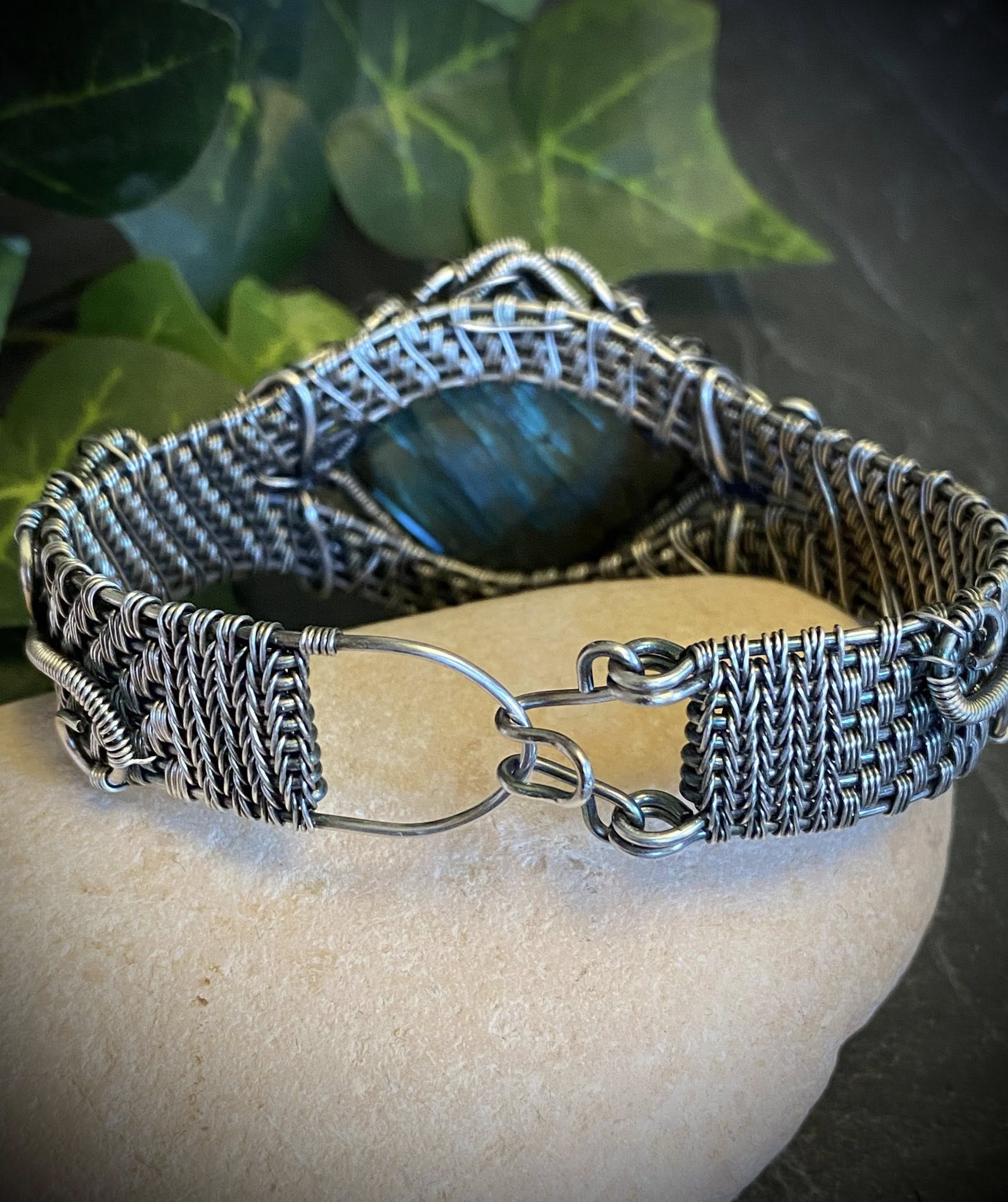 Square Labradorite Cuff Bracelet with Purple AB Beads – Handcrafted Silver-Filled Jewelry - Image 4
