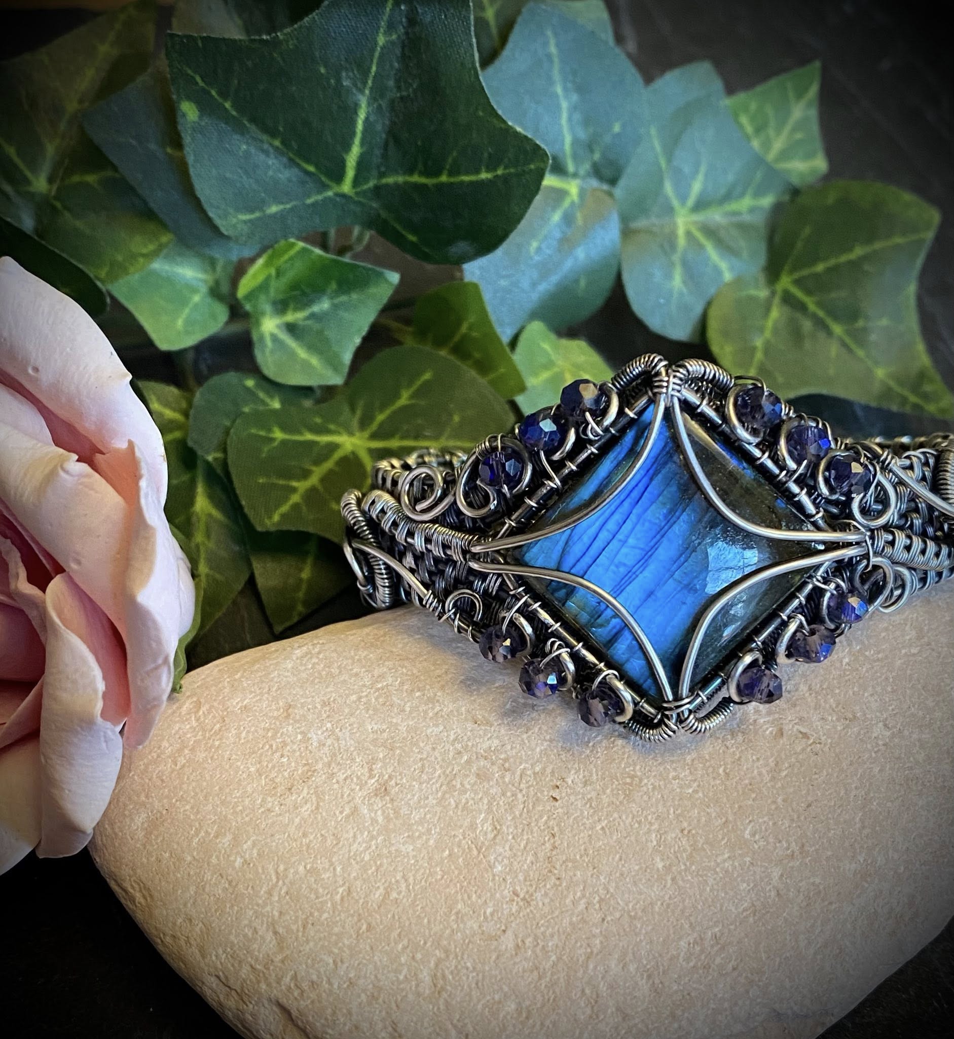 Square Labradorite Cuff Bracelet with Purple AB Beads – Handcrafted Silver-Filled Jewelry - Image 7