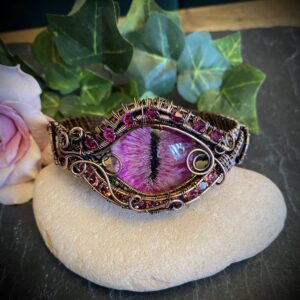 Handcrafted Pink Dragon Eye Cuff Bracelet with copper wire weaving and Austrian crystals