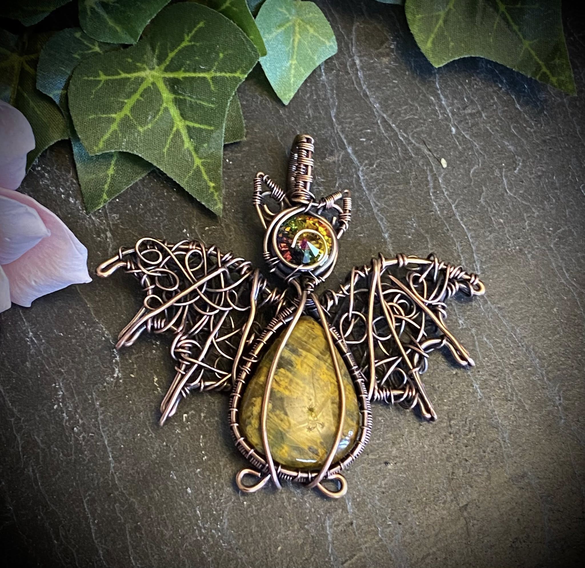 Copper Wire Wrapped Nelite Cabochon Bat Pendant with Rainbow AB Crystal Head