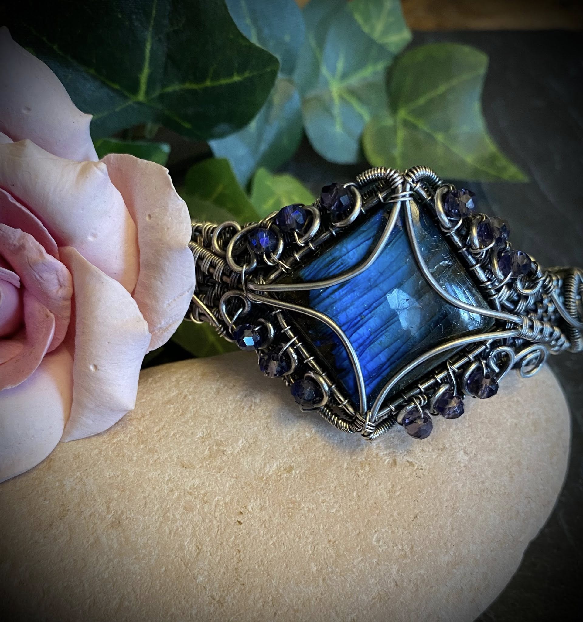 Square Labradorite Cuff Bracelet with Purple AB Beads – Handcrafted Silver-Filled Jewelry - Image 8