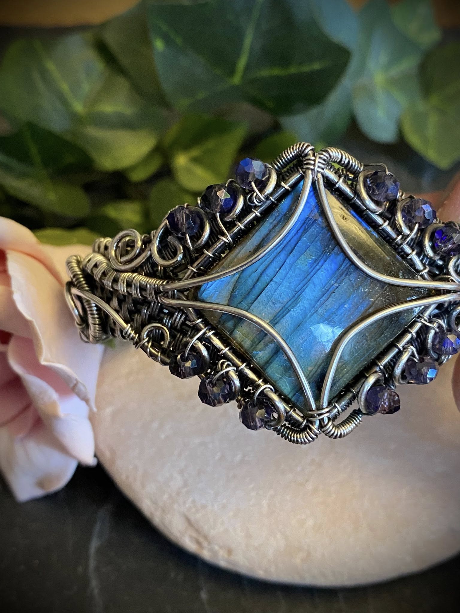 Square Labradorite Cuff Bracelet with Purple AB Beads – Handcrafted Silver-Filled Jewelry - Image 9