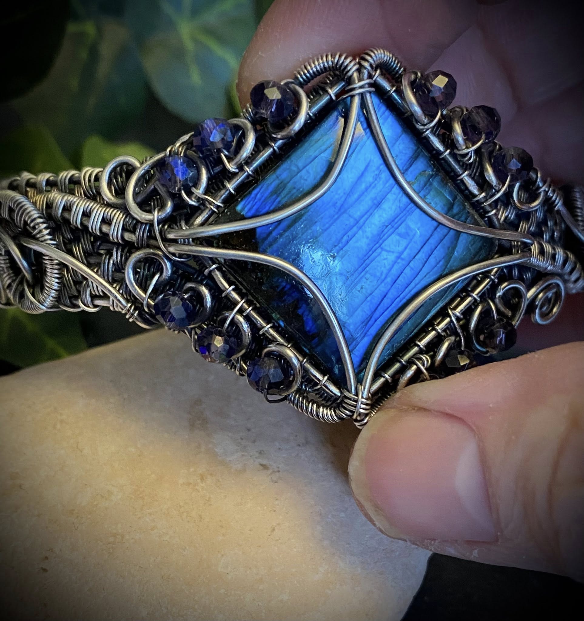 Square Labradorite Cuff Bracelet with Purple AB Beads – Handcrafted Silver-Filled Jewelry - Image 11