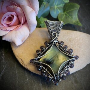 Square Blue-Green Flash Labradorite Wire-Wrapped Pendant