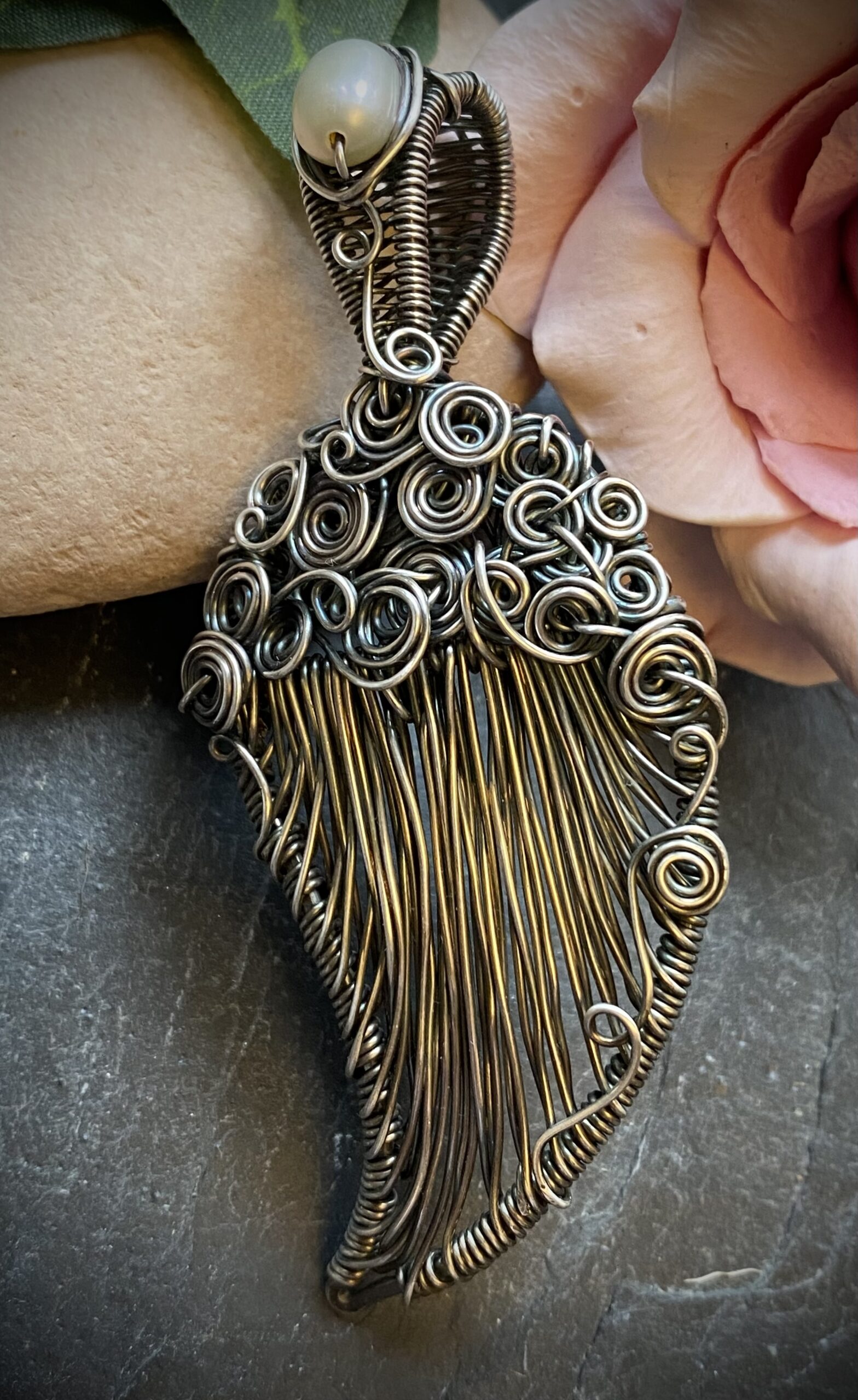 Handcrafted Silver-Filled Angel Wing Necklace with Vintage Pearls - Image 10