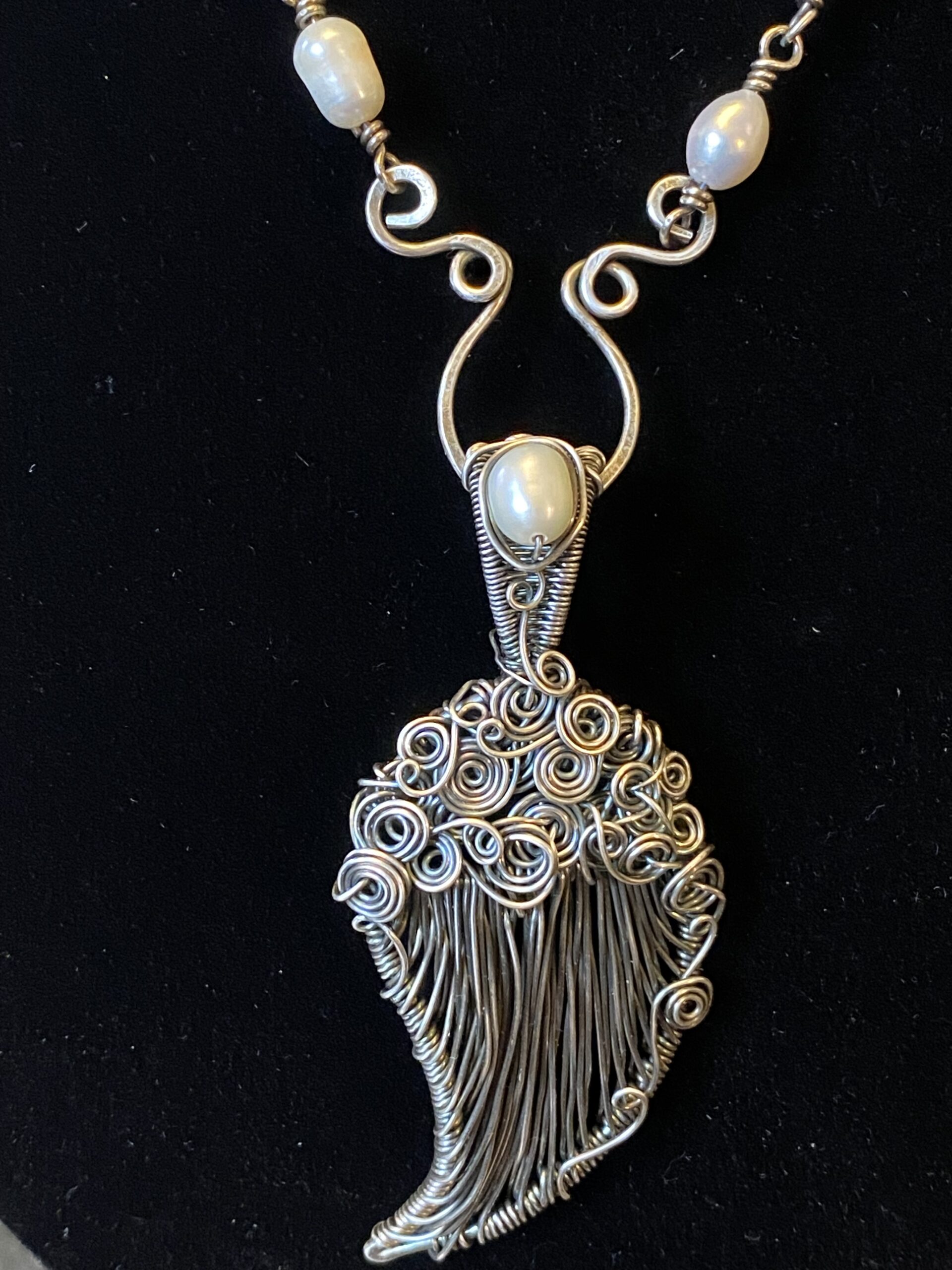 Handcrafted Silver-Filled Angel Wing Necklace with Vintage Pearls - Image 9