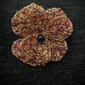 Handmade Copper Wire Poppy Brooch with Onyx Centre